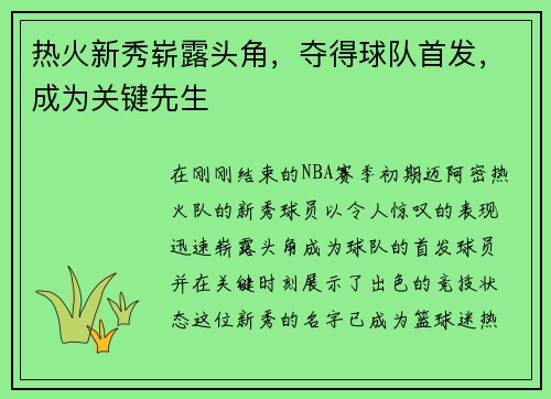 热火新秀崭露头角，夺得球队首发，成为关键先生